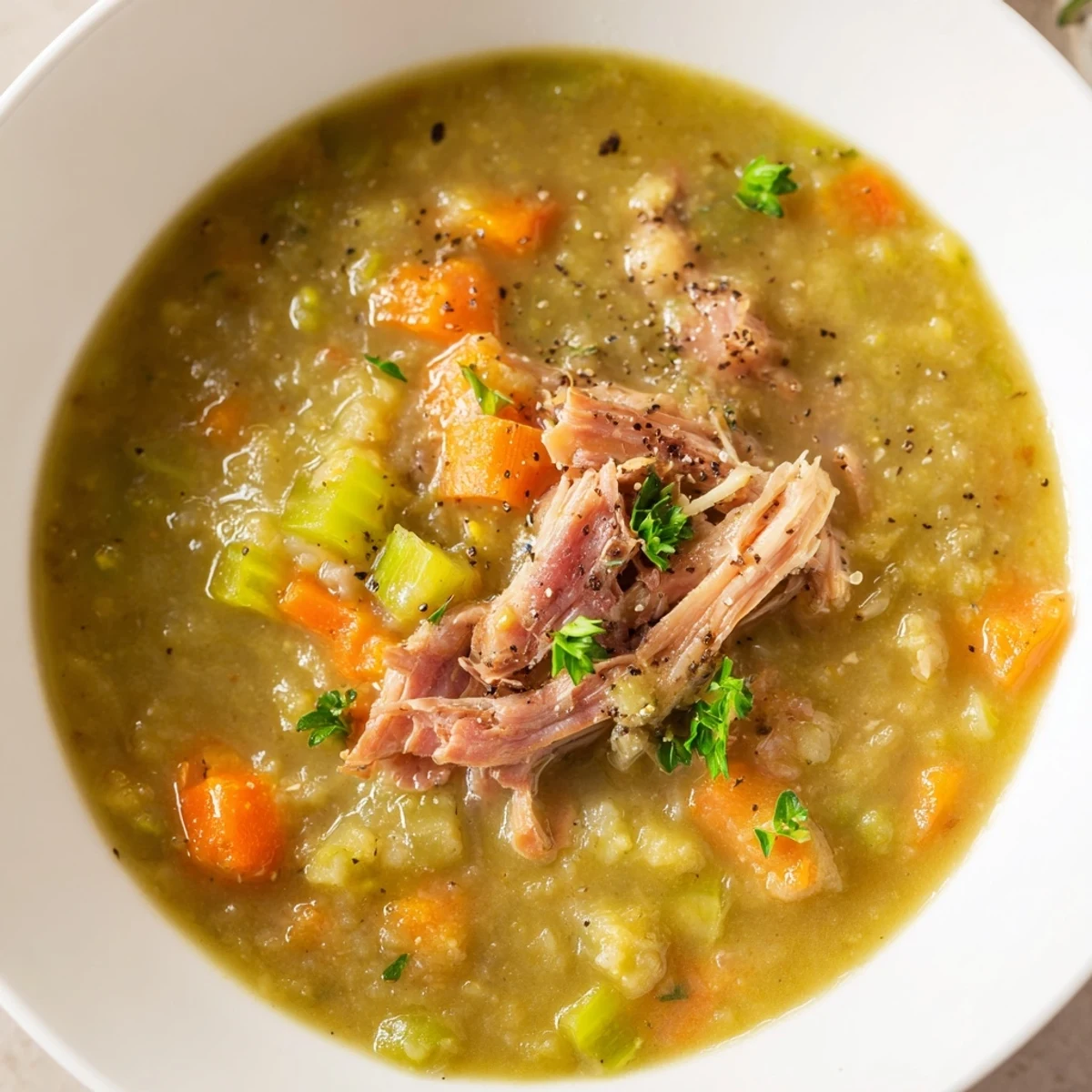 Colorful Green Split Pea Soup with Smoked Turkey Leg in a rustic bowl, garnished with fresh parsley and croutons.