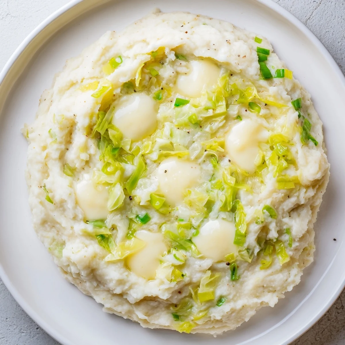 A close-up of creamy Irish Colcannon Mashed Potatoes, flecked with green cabbage and scallions, topped with a melting pat of butter.
