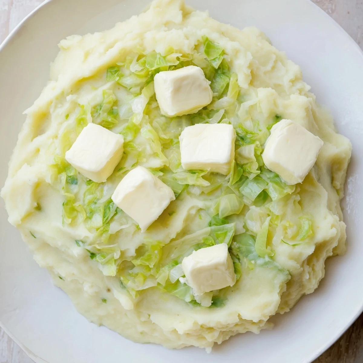 Steaming bowl of homemade Irish Colcannon Mashed Potatoes, featuring tender russet potatoes blended with sautéed cabbage and scallions for a hearty side.