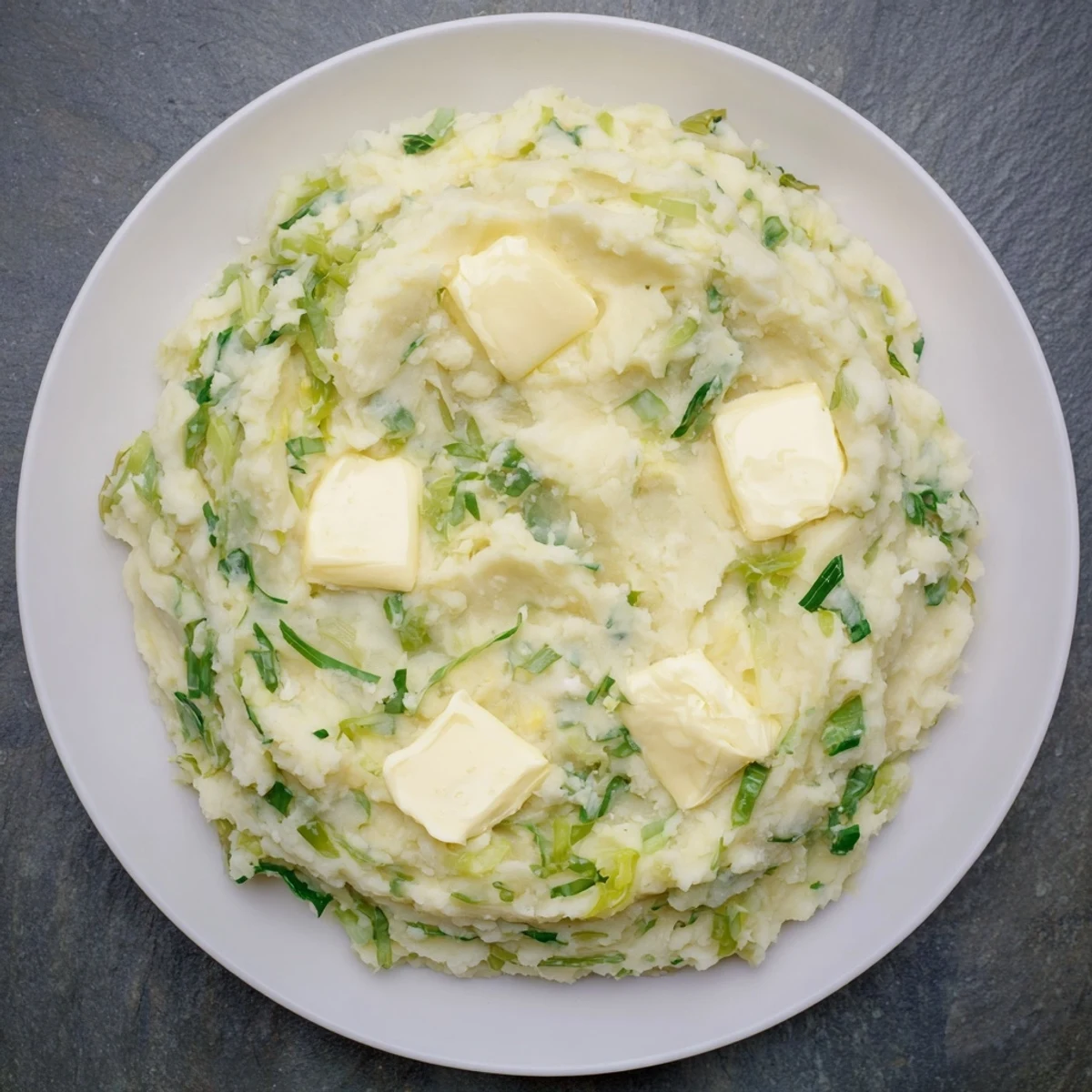 Golden-brown knobs of butter melting over a rustic serving of Irish Colcannon Mashed Potatoes, garnished with fresh scallions for a classic flavor.