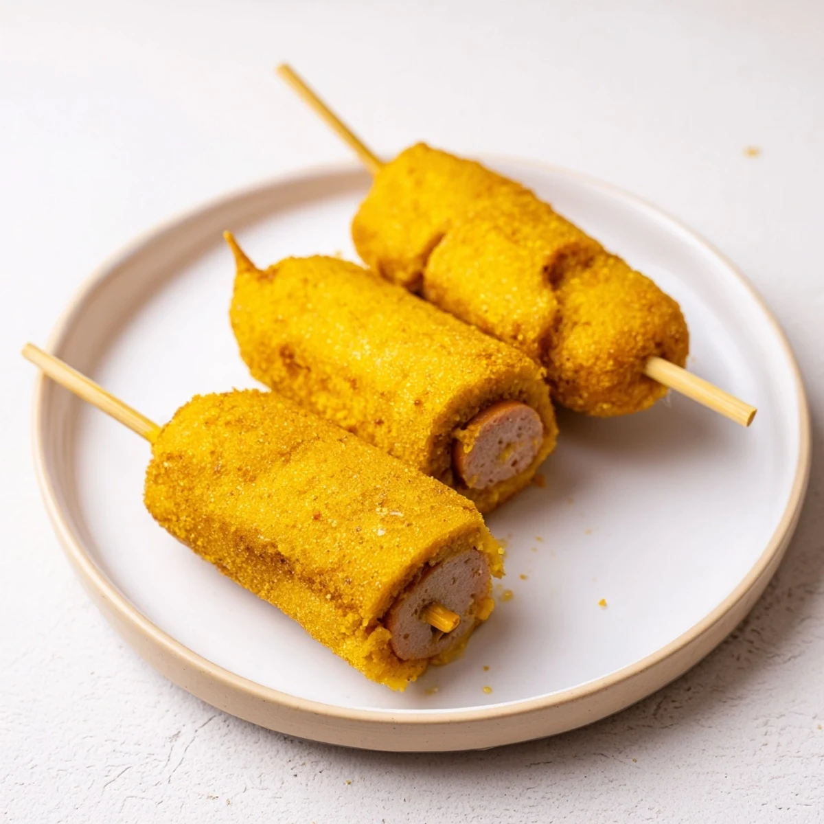 Golden Mini Corn Dogs with Beef Franks, crispy golden batter, served hot with mustard on a wooden board for a game day snack.  