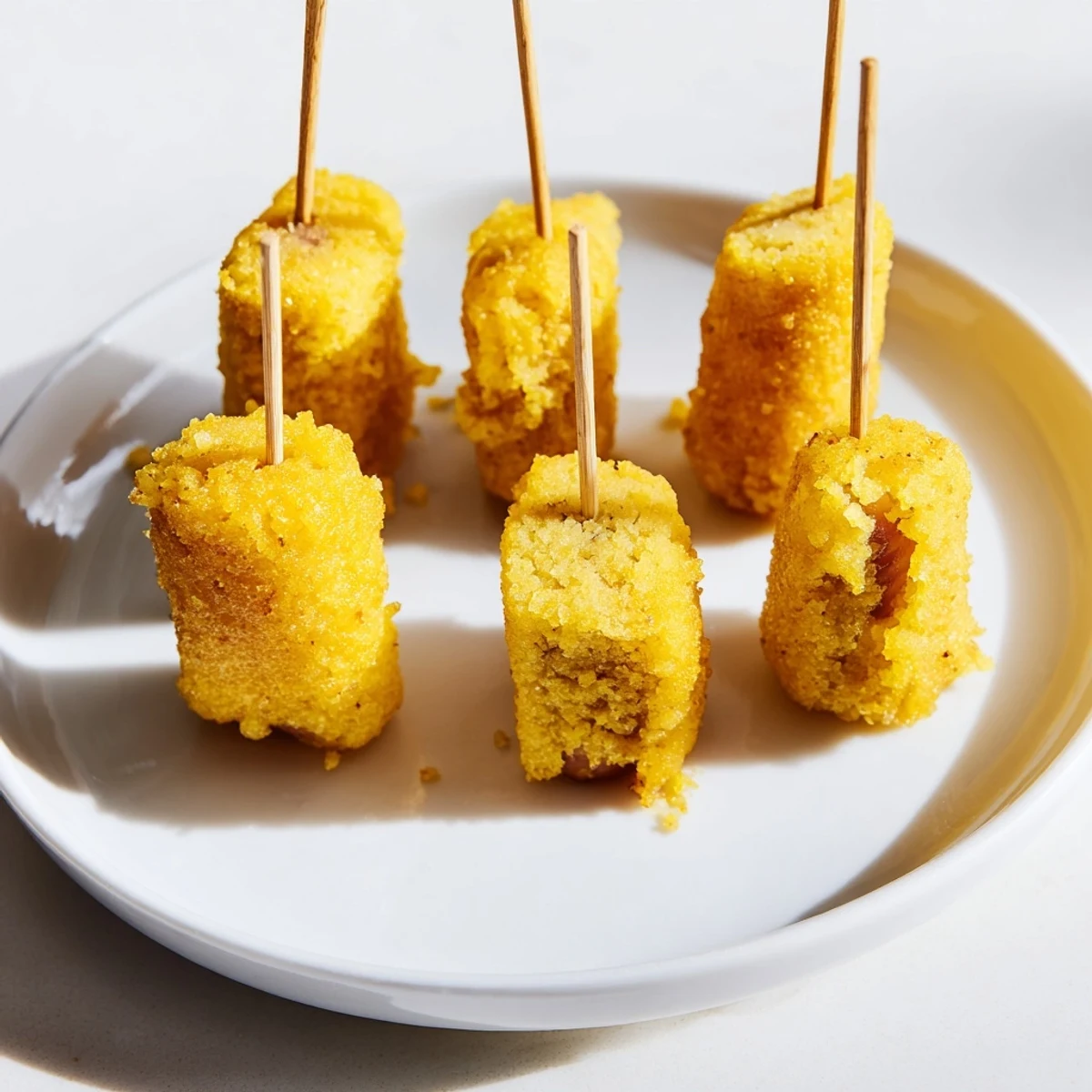 Homemade Mini Corn Dogs with Beef Franks, crunchy batter and juicy interior, ready to serve with dipping sauces.