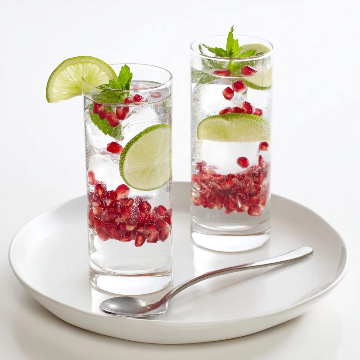 Frosted pomegranate fizz mocktail with lime served over ice, garnished with fresh mint and lime slices for a refreshing look.