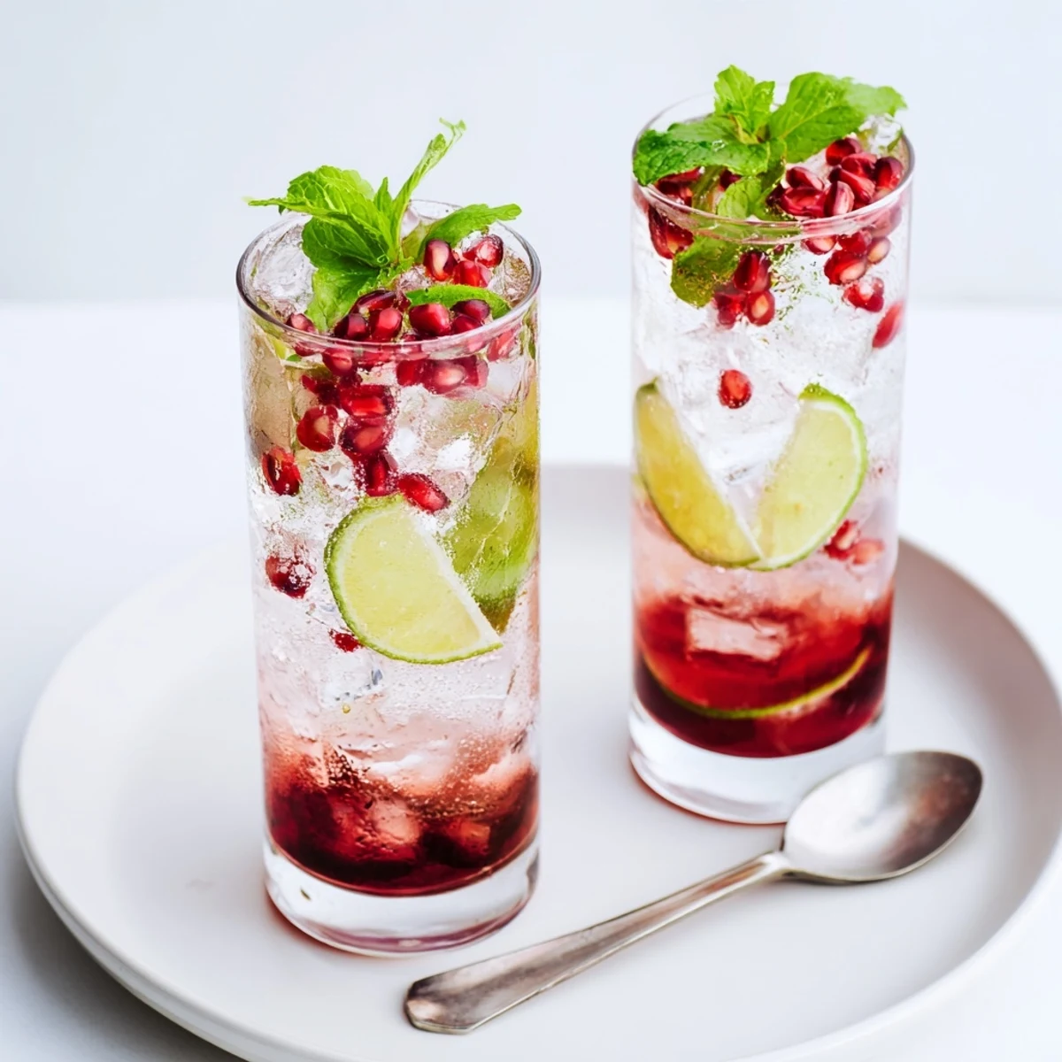 Close-up of vibrant pomegranate fizz mocktail with lime, showing jewel-toned arils and a fizzy, sparkling surface in a tall glass.