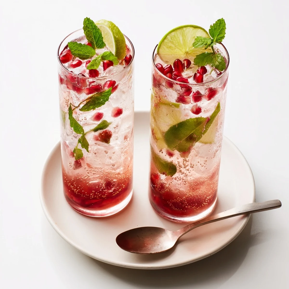 Chilled pomegranate fizz mocktail with lime bubbles rising beside a lime wheel and mint sprig on a summer-ready tabletop.