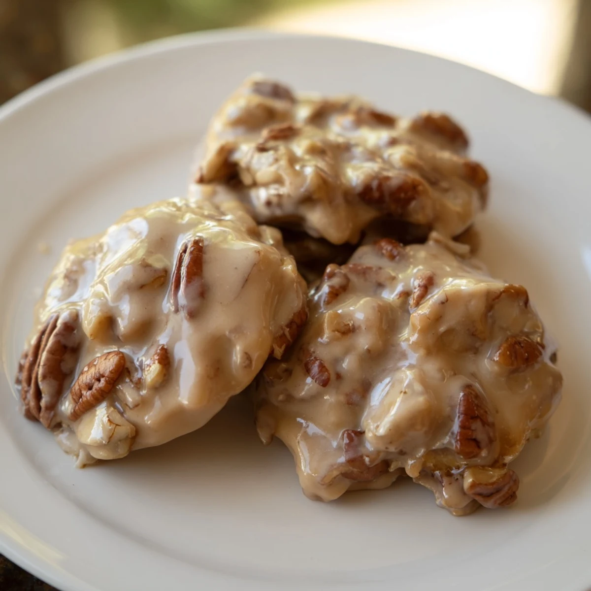 Two warm Mardi Gras Pecan Pralines with Cream are stacked on a plate, glistening with sugary glaze for a festive Southern dessert.  