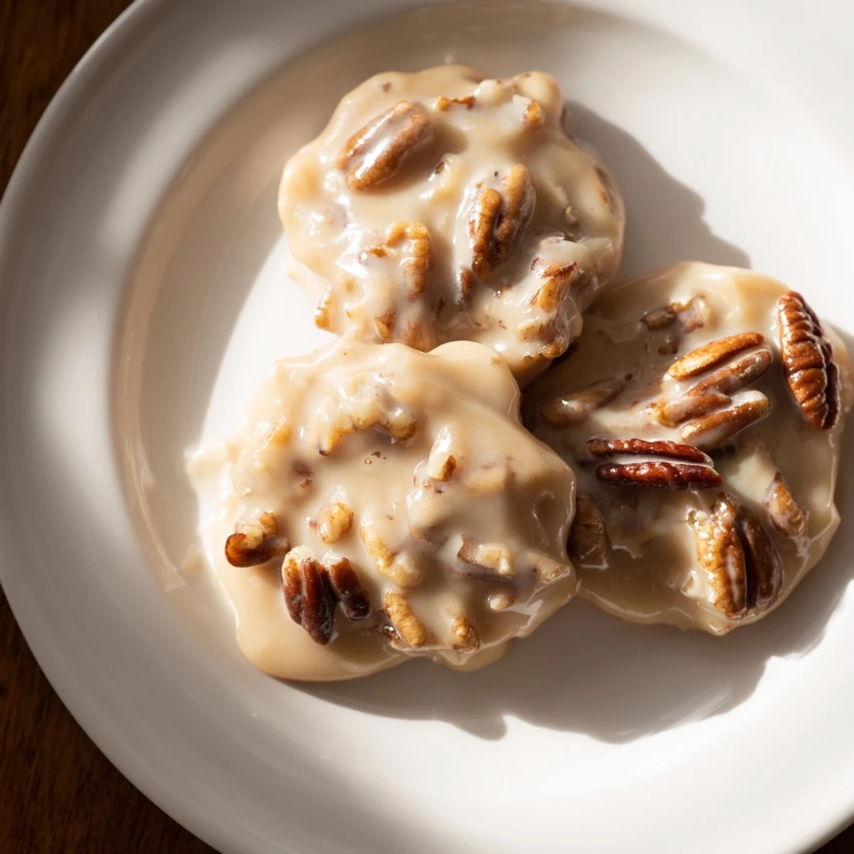 Close-up of a Mardi Gras Pecan Praline with Cream, highlighting the buttery, melt-in-your-mouth consistency and rich toasted pecan pieces.
