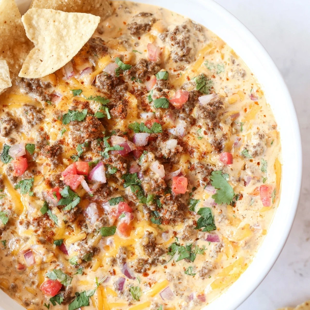 Creamy, cheesy Beef Queso Dip with seasoned ground beef, topped with fresh cilantro and served alongside crispy tortilla chips for dipping.