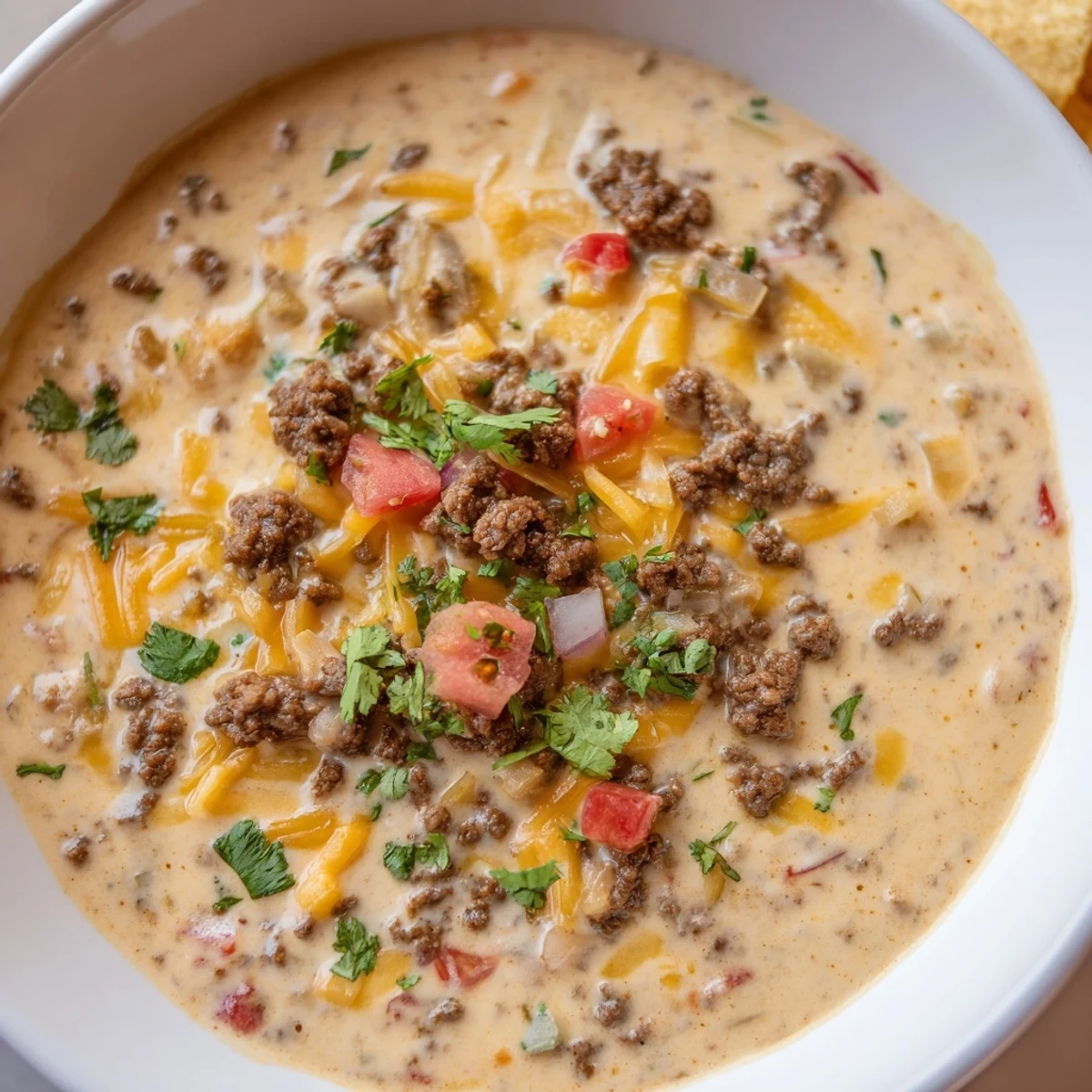 A warm bowl of Beef Queso Dip bubbling with melted cheddar, sautéed onions, and jalapeños, surrounded by golden, crunchy tortilla chips.