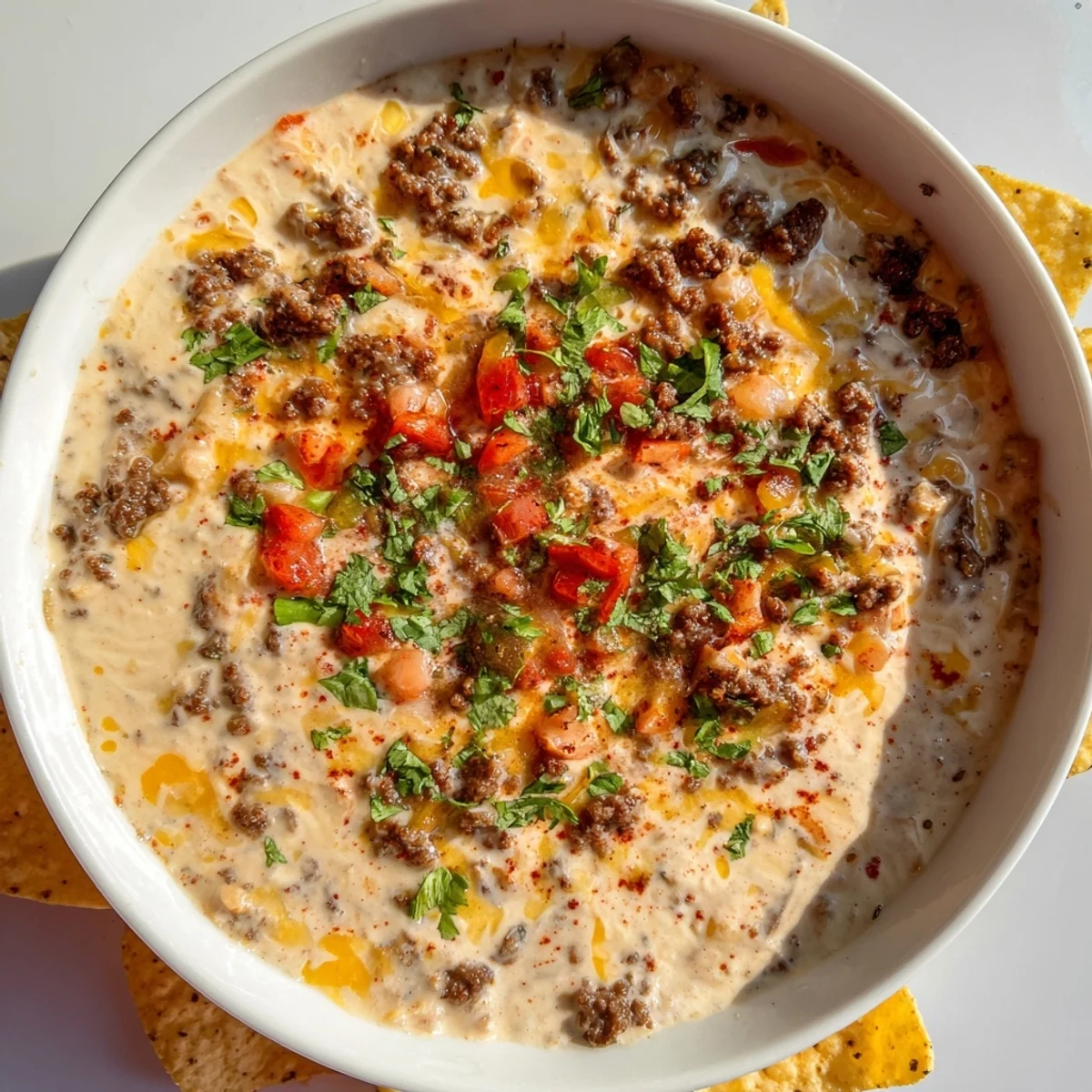 Savory Beef Queso Dip garnished with lime wedges and cilantro, ready for a party spread or game day snack.