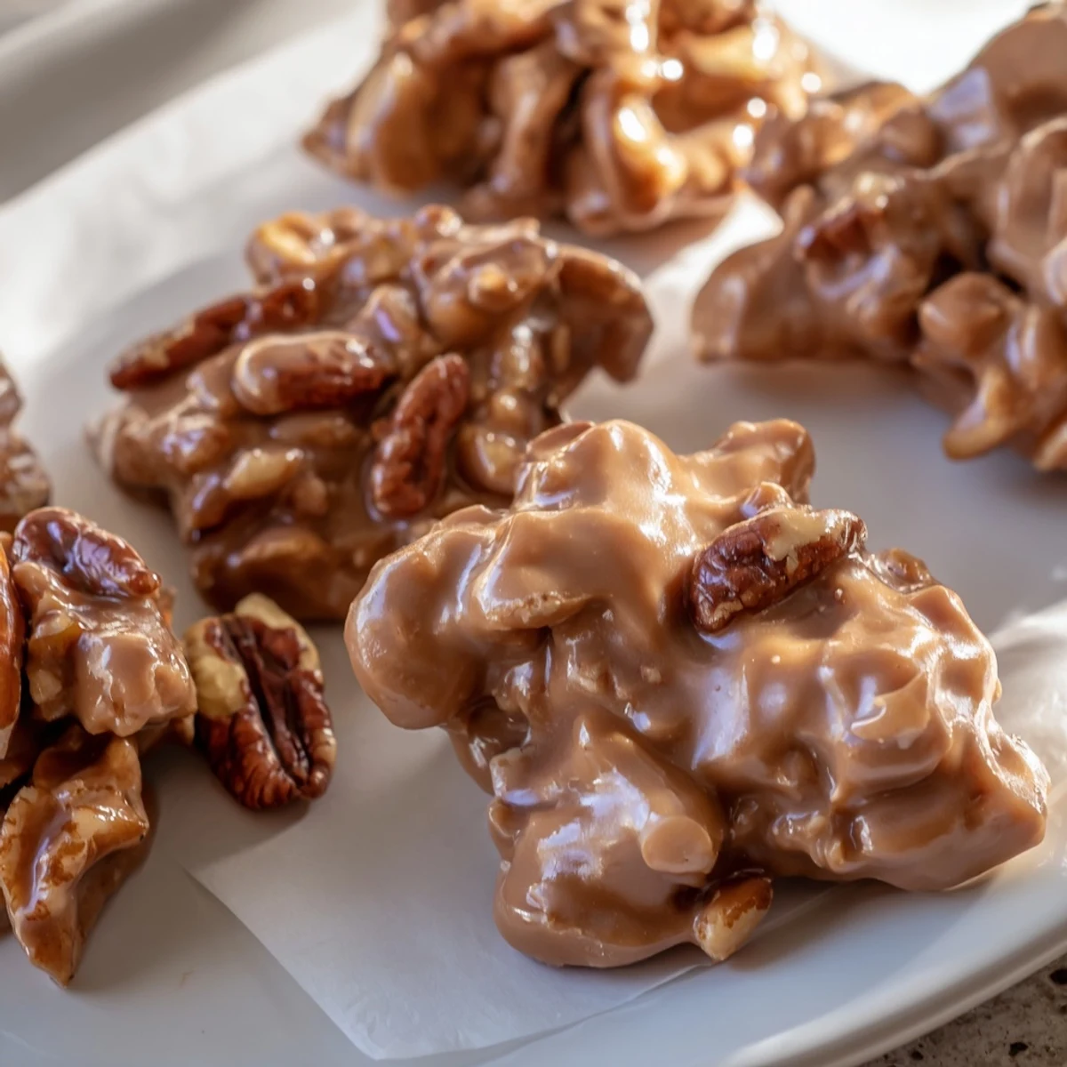 Golden Mardi Gras Pecan Pralines with Cream piled on parchment, showcasing their glossy, creamy texture and toasted pecan halves.