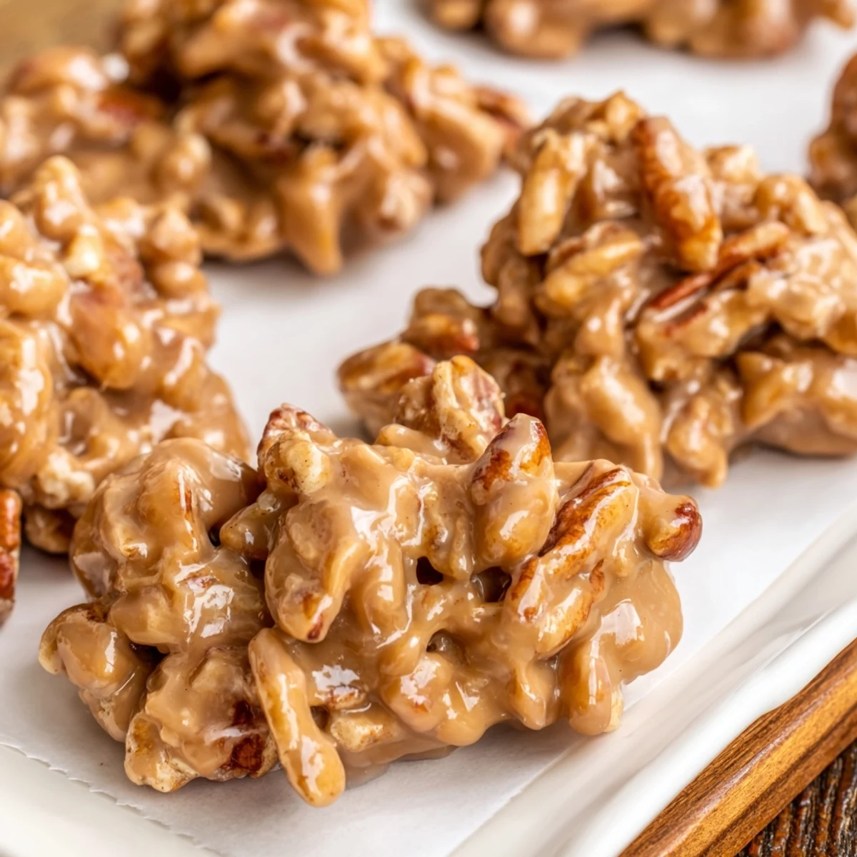 A close-up of a Southern Mardi Gras Pecan Praline with Cream, highlighting its rich, melt-in-your-mouth, buttery candy texture.