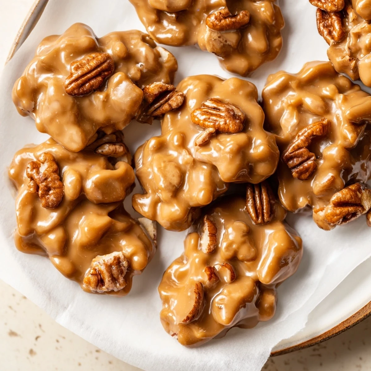 Two Mardi Gras Pecan Pralines with Cream on a rustic plate, ready to be enjoyed with a hot cup of coffee.