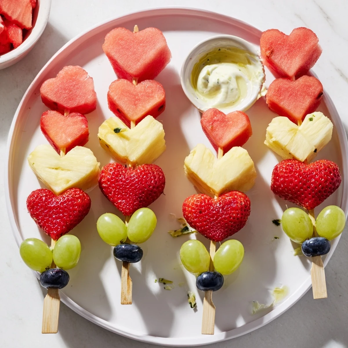 Heart-shaped watermelon and cantaloupe fruit skewers arranged on a platter with a honey vanilla yogurt dip for a festive party dessert.