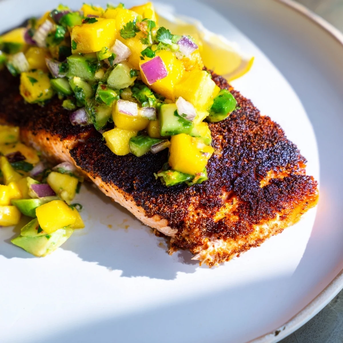 Freshly seared Blackened Salmon with Mango Avocado Salsa garnished with lime wedges on a rustic plate.