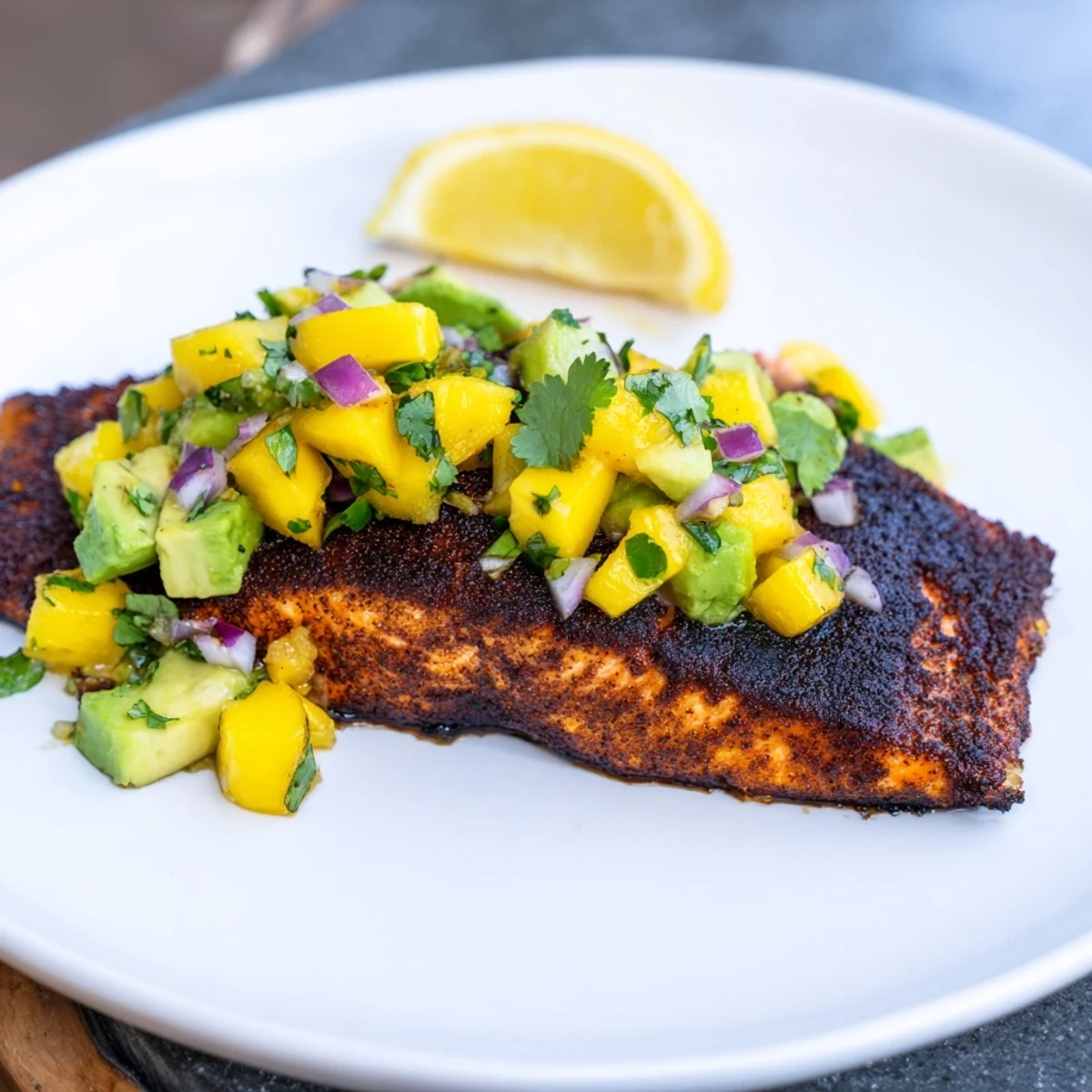 Perfectly blackened salmon fillet topped with zesty mango avocado salsa and fresh cilantro.