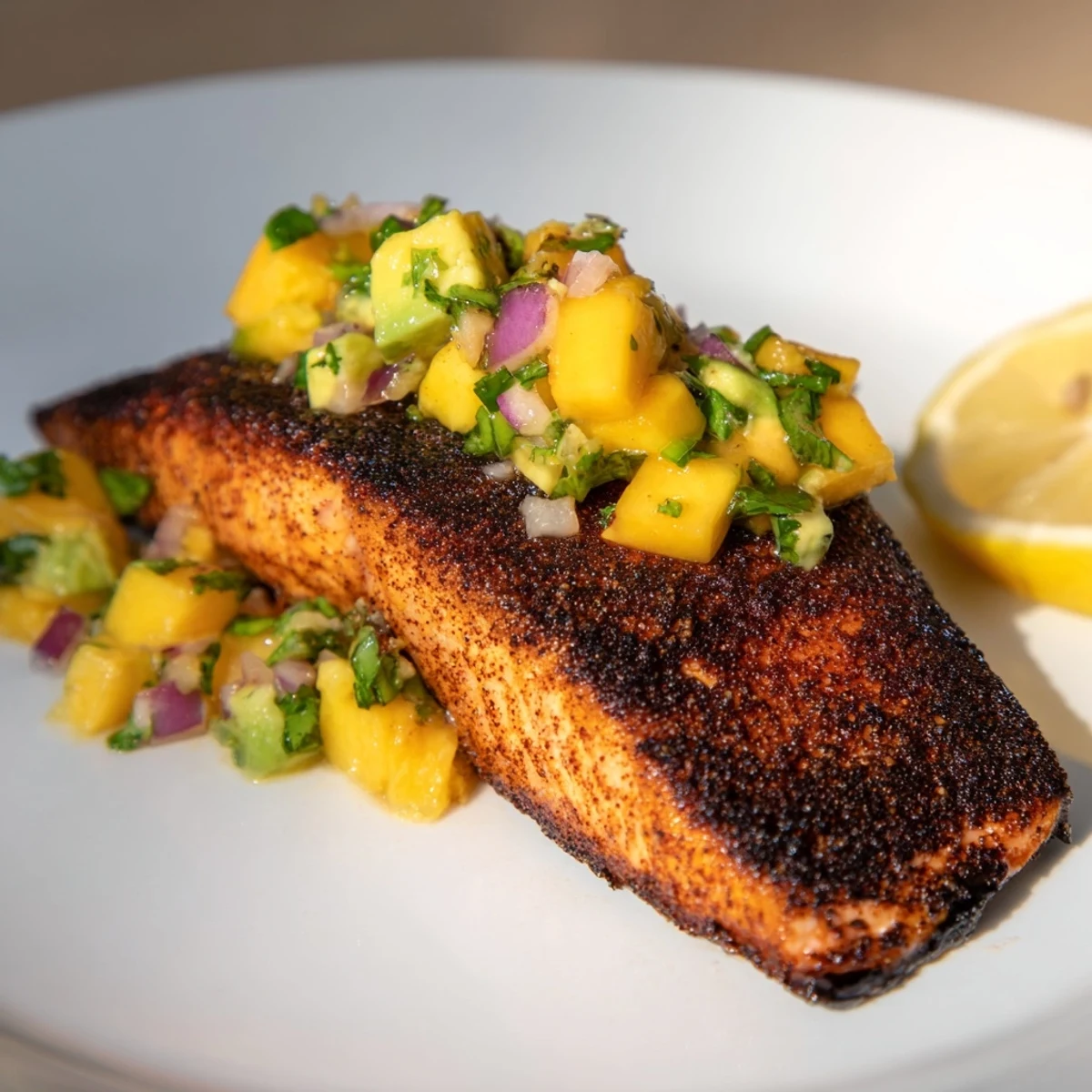 Dinner plate of Blackened Salmon with Mango Avocado Salsa served beside fluffy white rice.