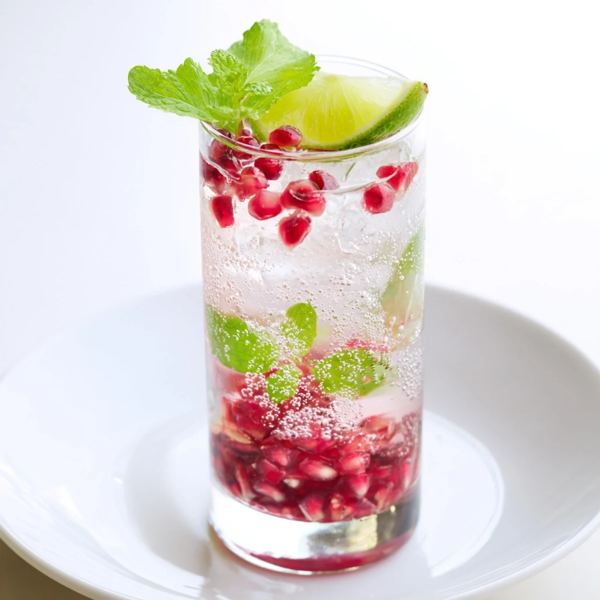 Chilled pomegranate fizz mocktail served over ice with a fresh lime wedge. 