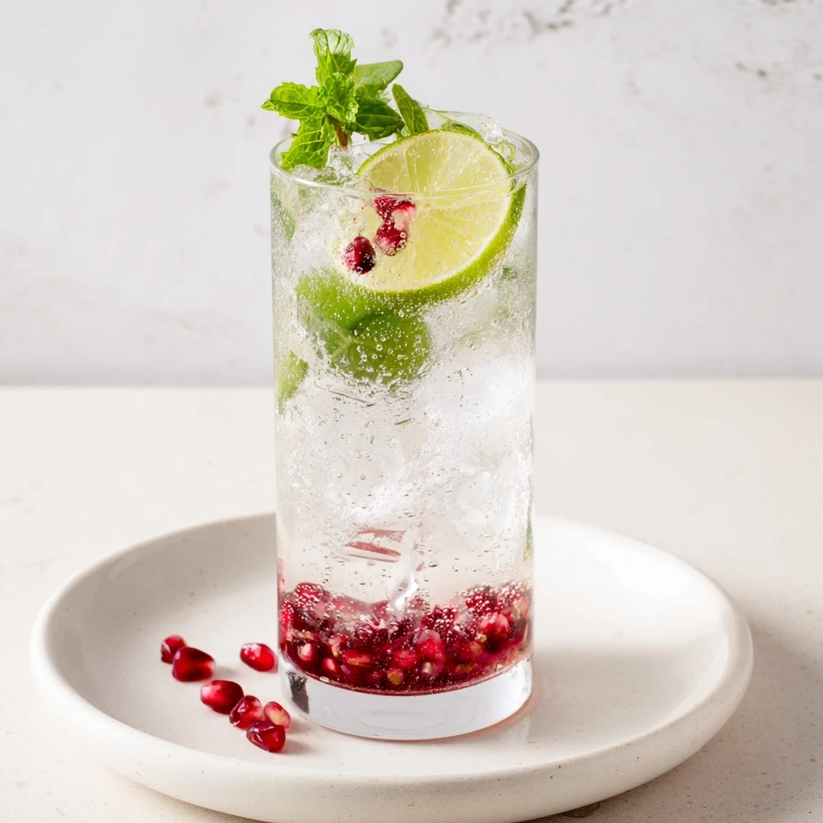 Vibrant pomegranate fizz mocktail with sparkling bubbles and a lime wedge garnish. 