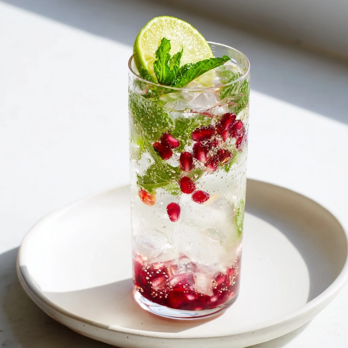 Refreshing pomegranate fizz mocktail with ruby red juice and zesty lime in tall glass.