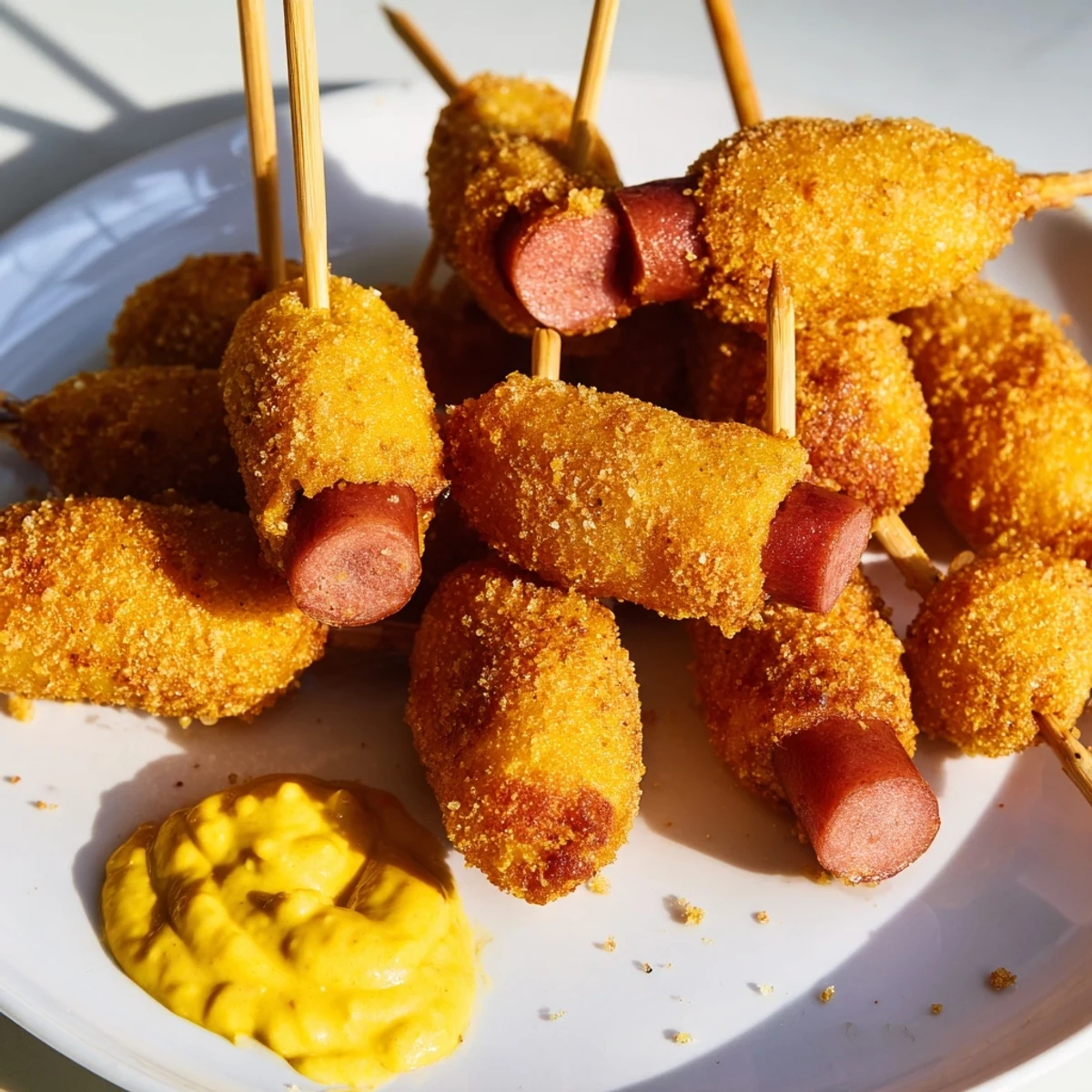 Golden-brown mini corn dogs with beef franks on skewers, drizzled with tangy mustard on a plate for fairground snacking.