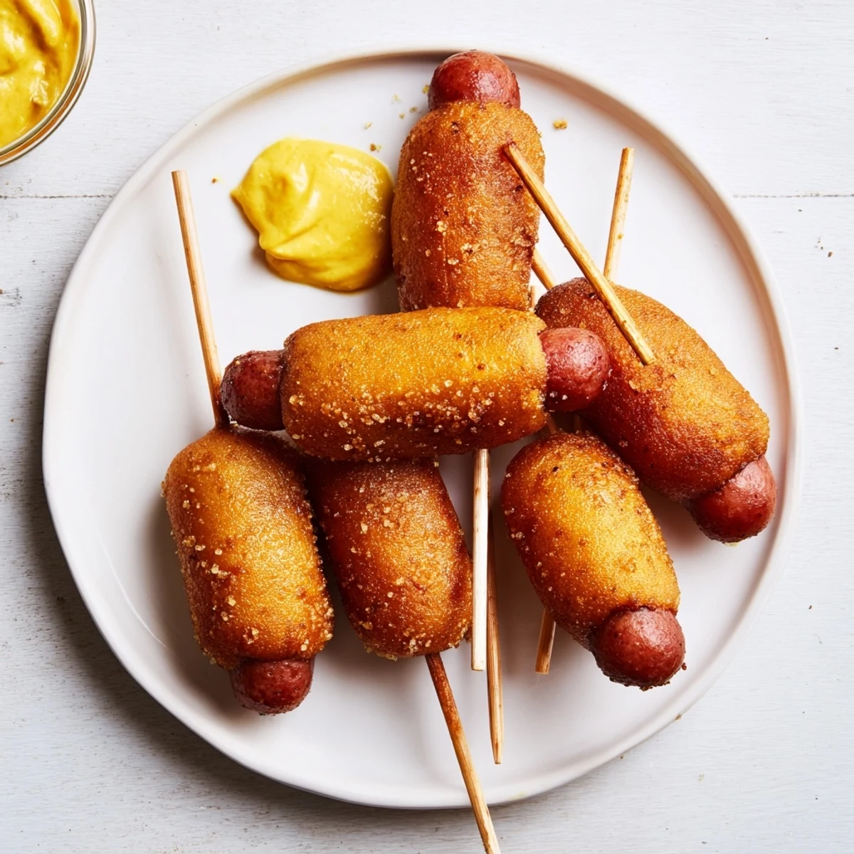 Mini corn dogs lined up on a platter with a small bowl of yellow mustard, perfect for party appetizers.