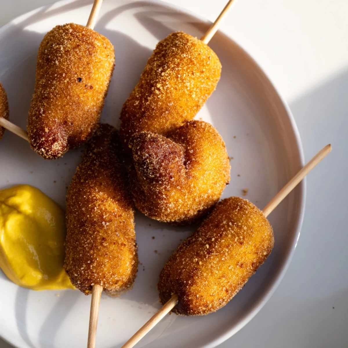Crispy mini corn dogs with juicy beef franks, golden cornmeal batter, and a side of mustard for dipping.