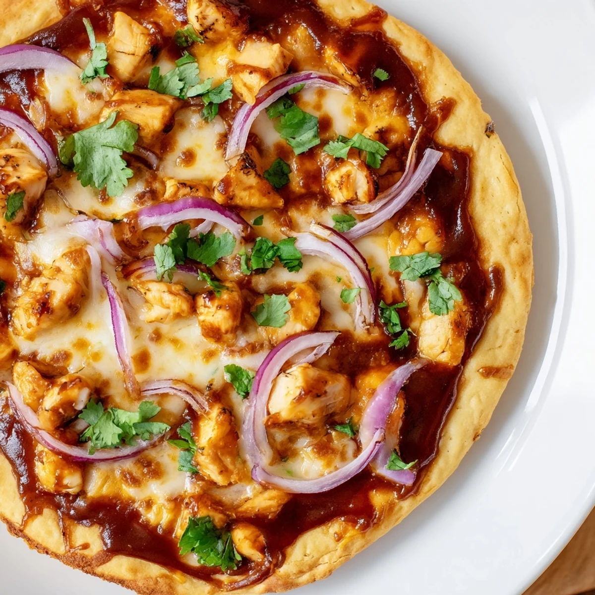 Freshly baked BBQ Chicken Pizza with Red Onion and Cilantro, featuring a golden, bubbly crust loaded with mozzarella and tangy red onion slices.