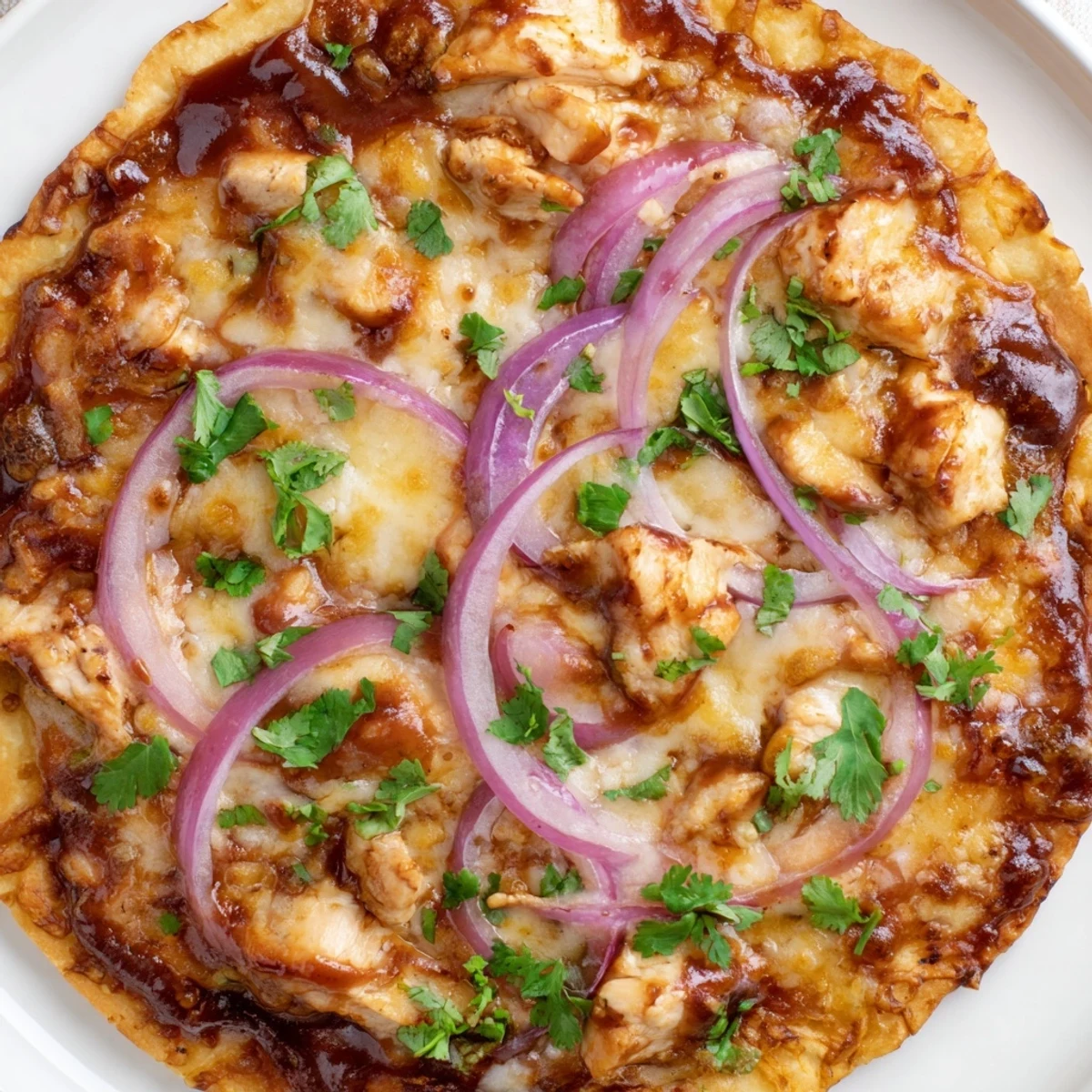 Golden BBQ Chicken Pizza with Red Onion and Cilantro cooling on a wooden board, perfect for a casual weeknight dinner with a side salad.