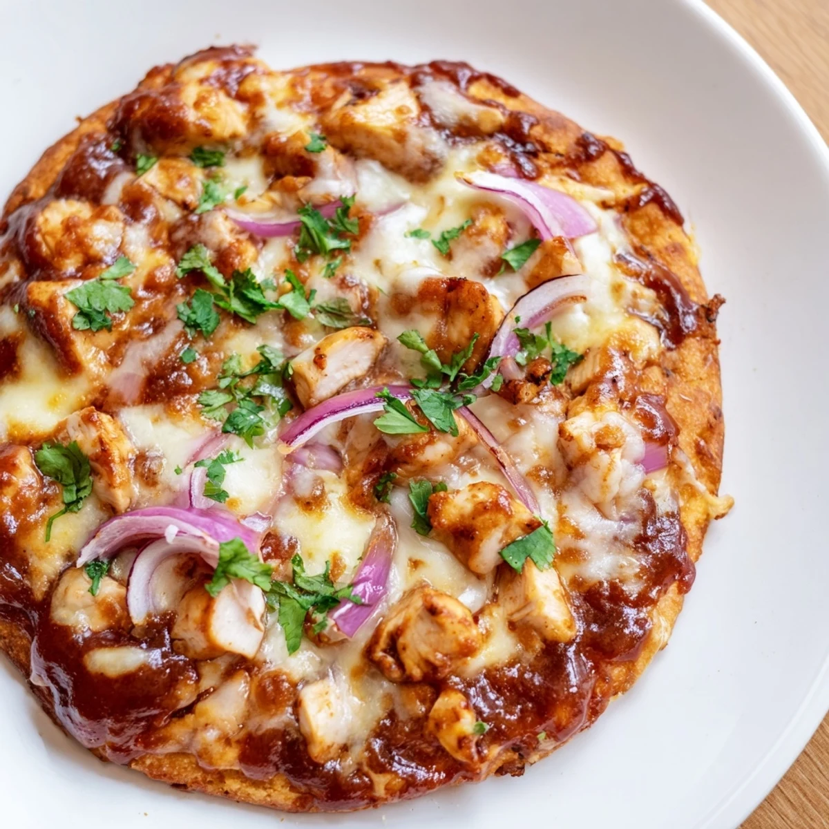 Close-up of a cheesy BBQ Chicken Pizza with Red Onion and Cilantro, highlighting smoky sauce, tender chicken, and fresh cilantro garnish.