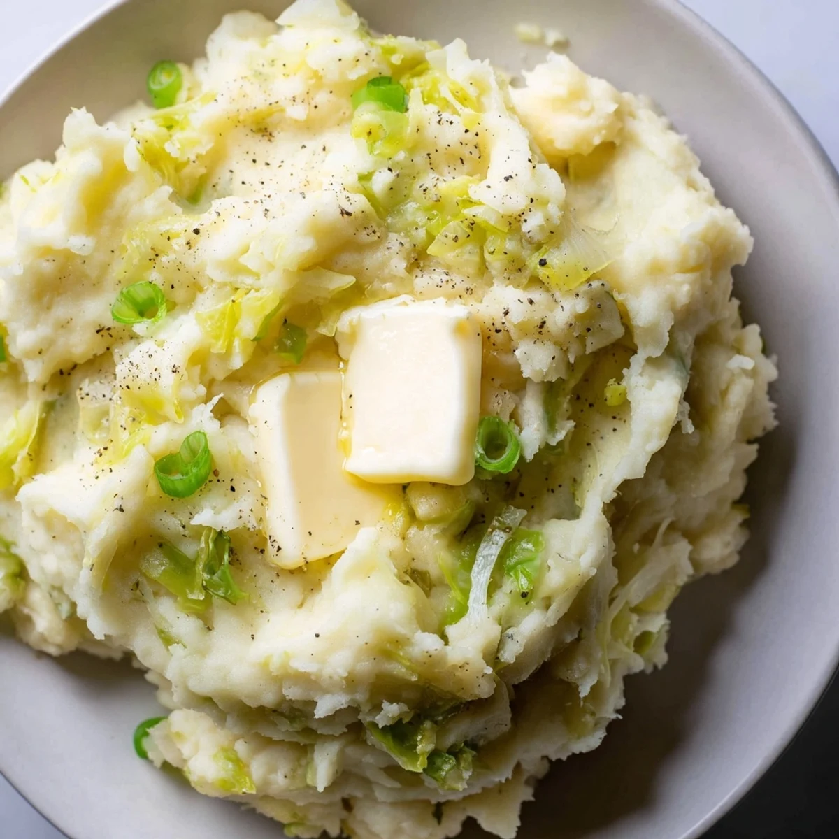 Creamy Irish Colcannon Mashed Potatoes are served steaming hot alongside roasted beef, illustrating this classic, comforting, buttery Irish side dish recipe.