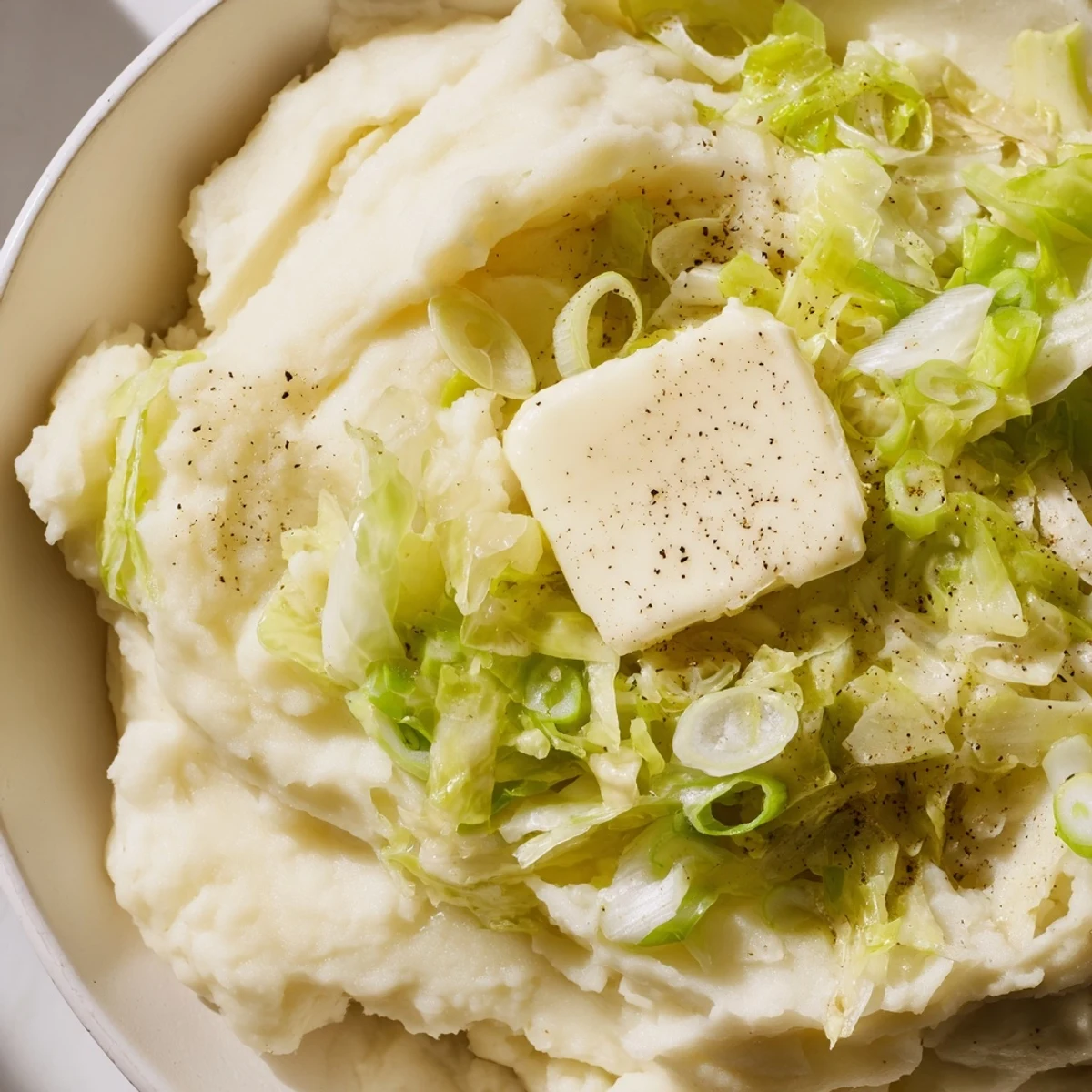 Close-up of fluffy Irish Colcannon Mashed Potatoes mixed with green cabbage and scallions, ready to be enjoyed with a fork and extra butter.