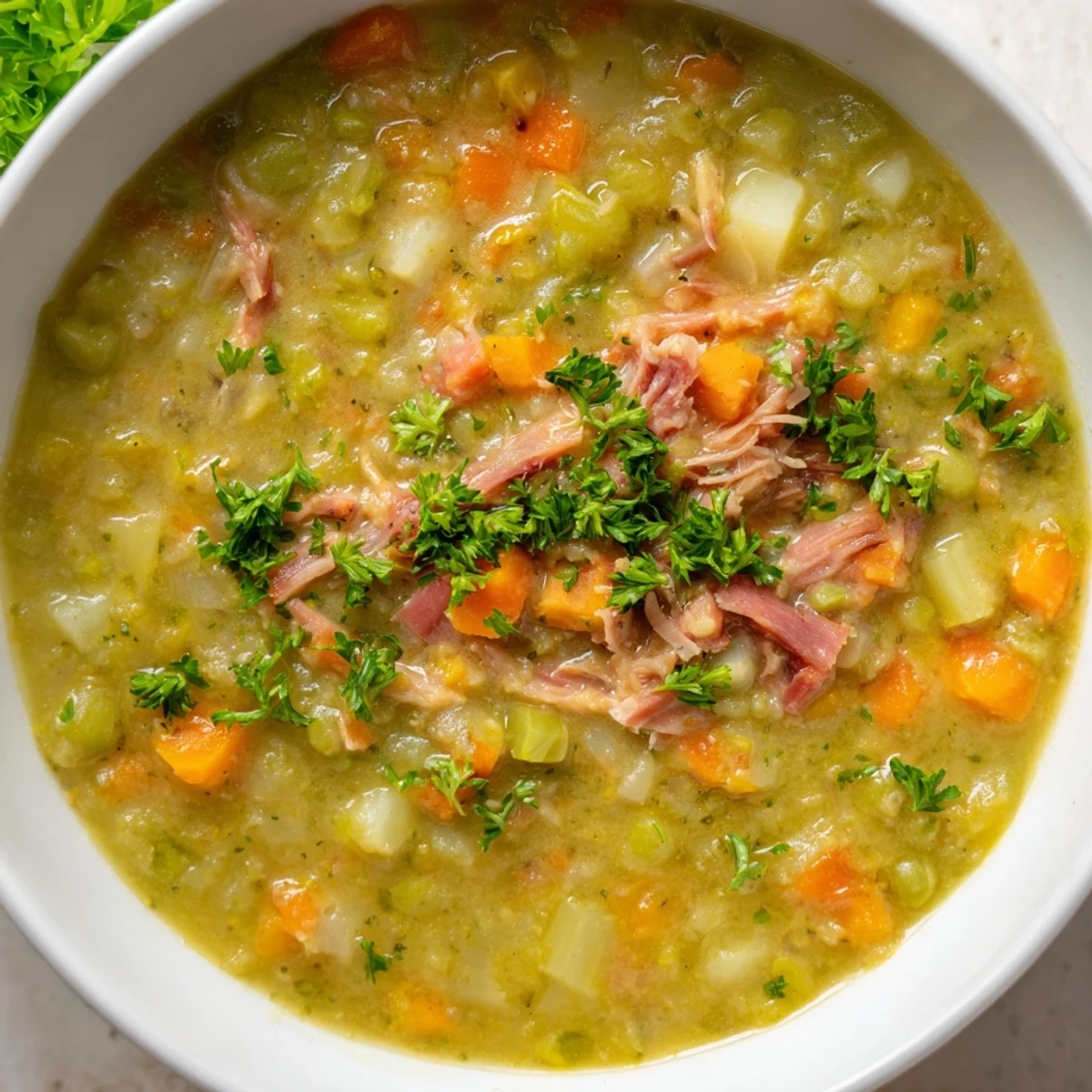 Close-up of Green Split Pea Soup with Smoked Turkey Leg, featuring tender shredded turkey, diced carrots, and celery in a thick, savory broth.