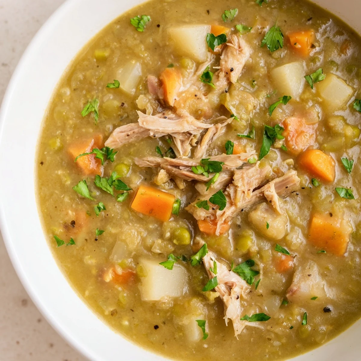 Steamy bowl of Green Split Pea Soup with Smoked Turkey Leg, perfect for a cozy, warming meal alongside some crunchy gluten-free croutons.