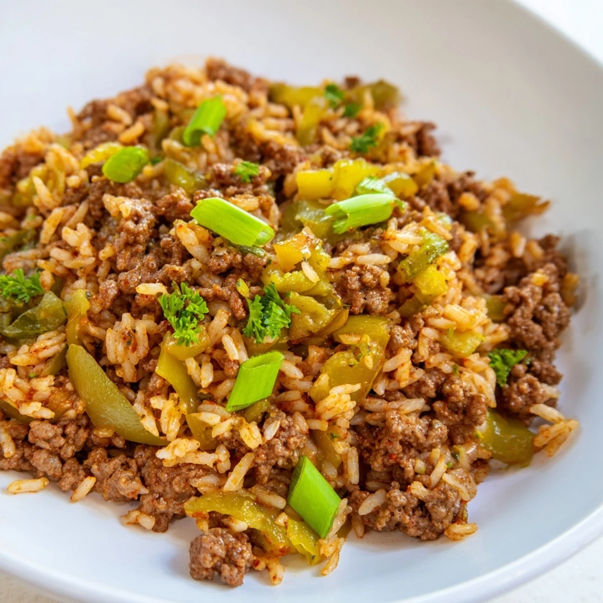 Steaming bowl of Cajun Dirty Rice with Ground Beef, garnished with fresh parsley and green onions, ready to serve.
