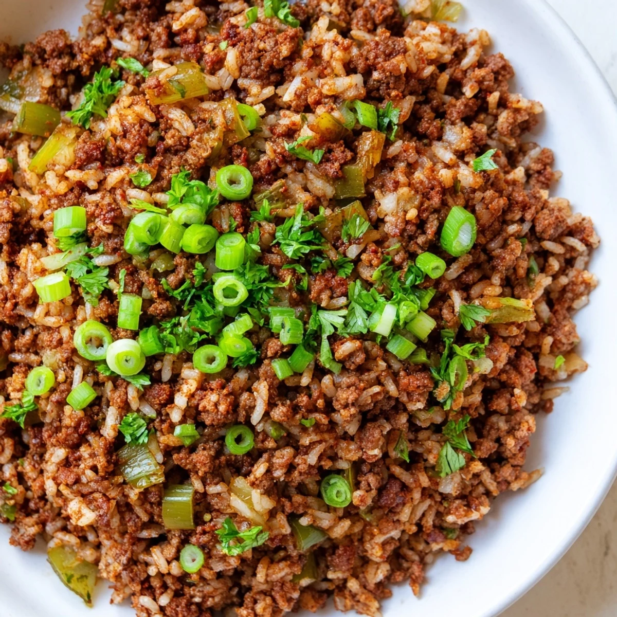 Spicy Cajun Dirty Rice with Ground Beef sizzling in a skillet, featuring aromatic vegetables and rich, colorful spices.