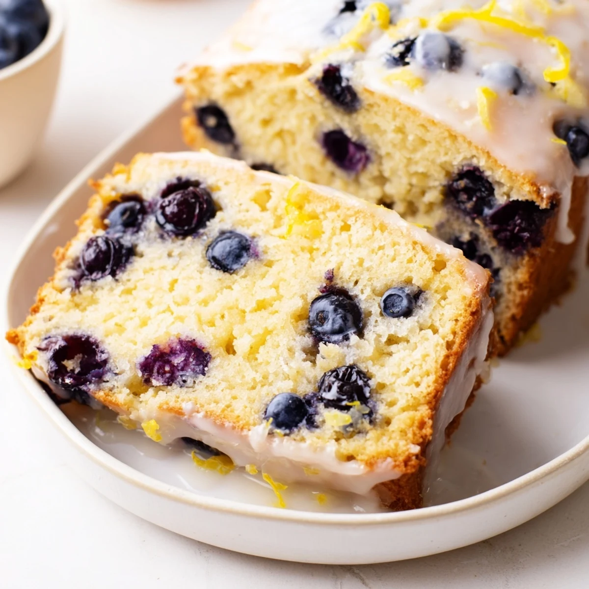 A golden-brown Lemon Blueberry Yogurt Loaf Cake, sliced to reveal a moist crumb studded with juicy blueberries and a light lemon glaze drizzle.