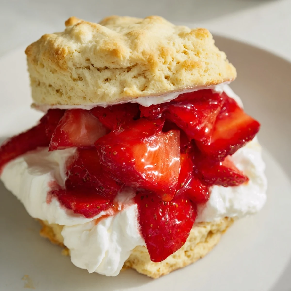 Homemade strawberry shortcake with flaky biscuits, sweet macerated berries, and a generous dollop of fresh whipped cream.  