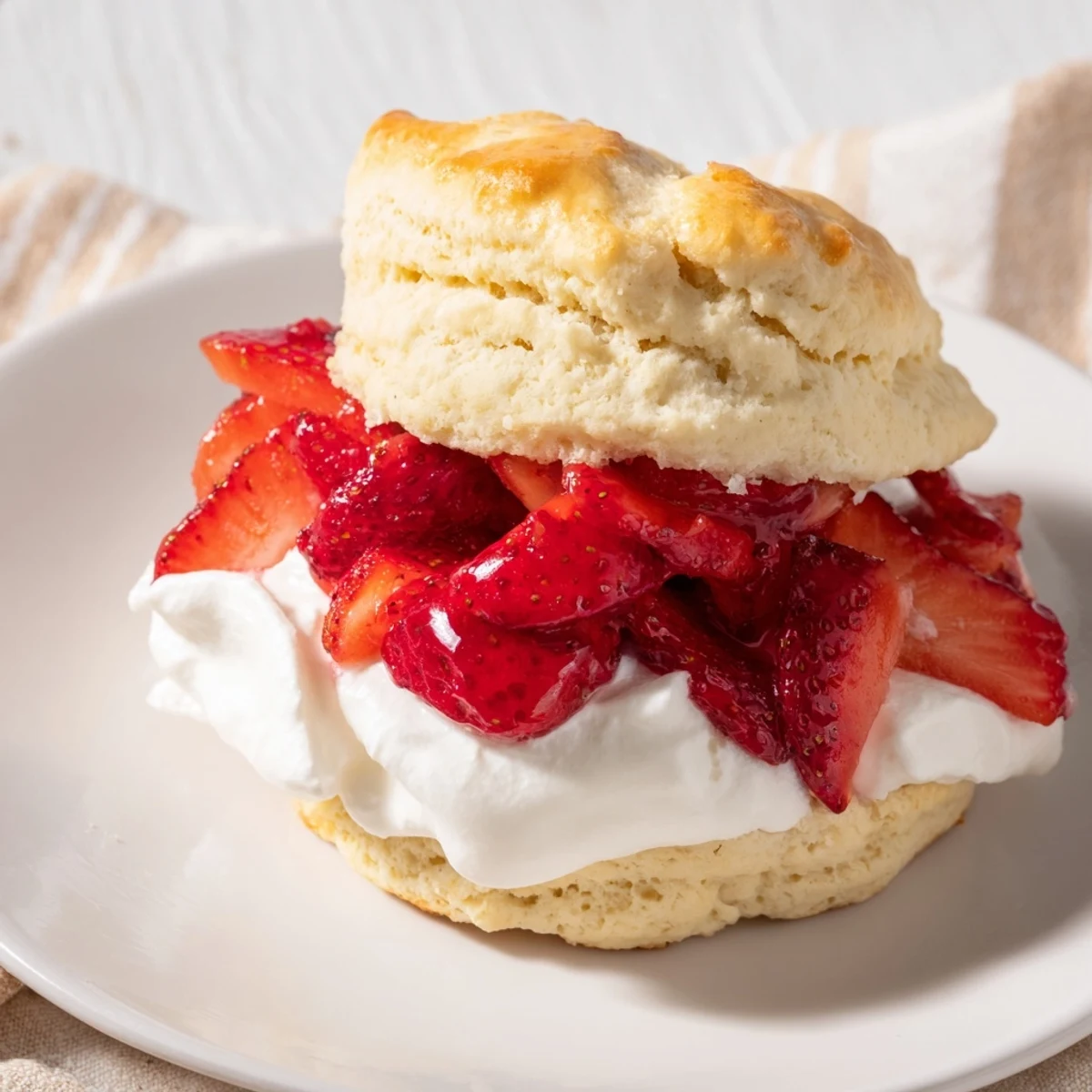 A close-up of warm homemade strawberry shortcake, showcasing tender biscuit layers and ripe summer strawberries.  