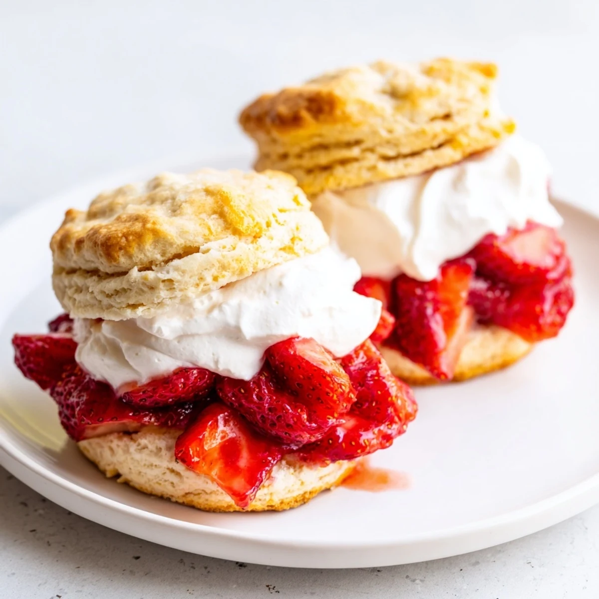 Classic American strawberry shortcake dessert, featuring a buttery biscuit, juicy strawberries, and creamy whipped topping.