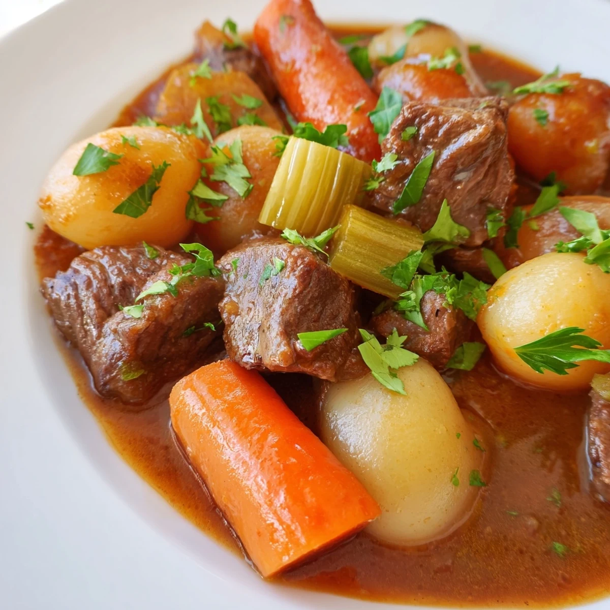 Hearty Irish Beef Stew with Guinness-Style Alcohol-Free Sauce, garnished with fresh parsley, served beside crusty bread.  