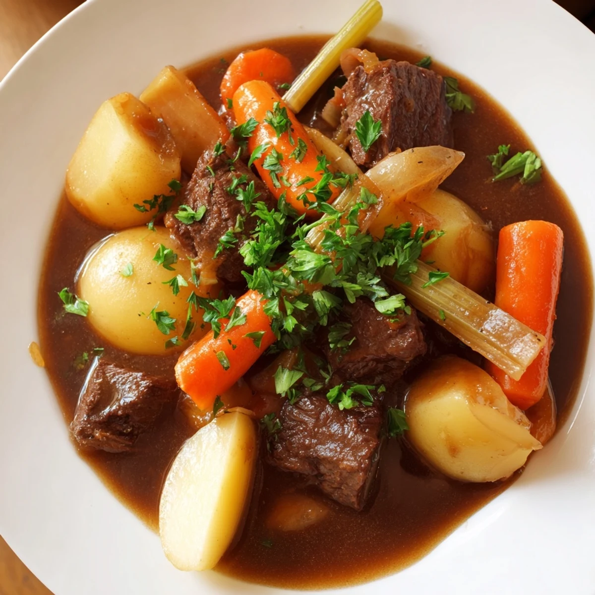 Golden-brown beef cubes and vibrant carrots simmer in a rich, dark sauce in a Dutch oven.  