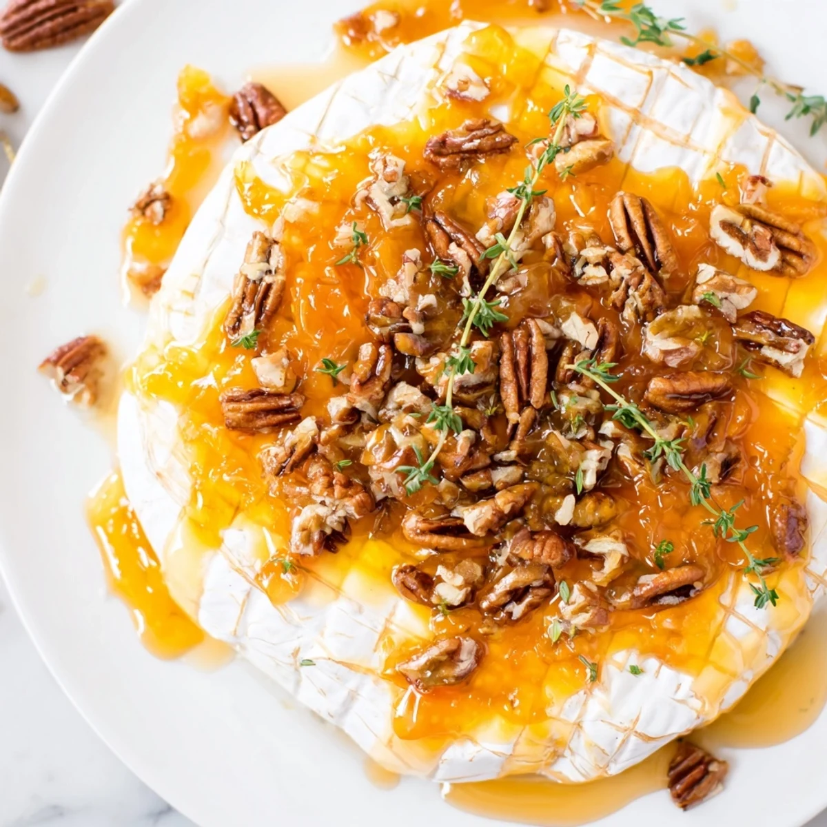 A warm, gooey wheel of Baked Brie with Apricot Preserves and Pecans oozes onto a serving platter, surrounded by toasted crackers.