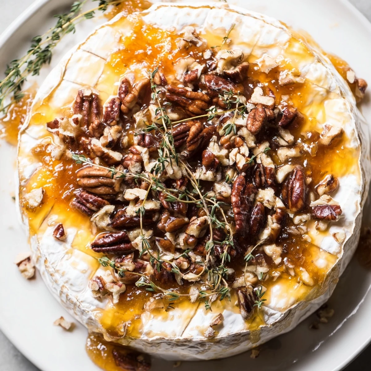 A decadent wheel of Baked Brie with Apricot Preserves and Pecans is served warm with sliced baguette and fresh thyme garnish.