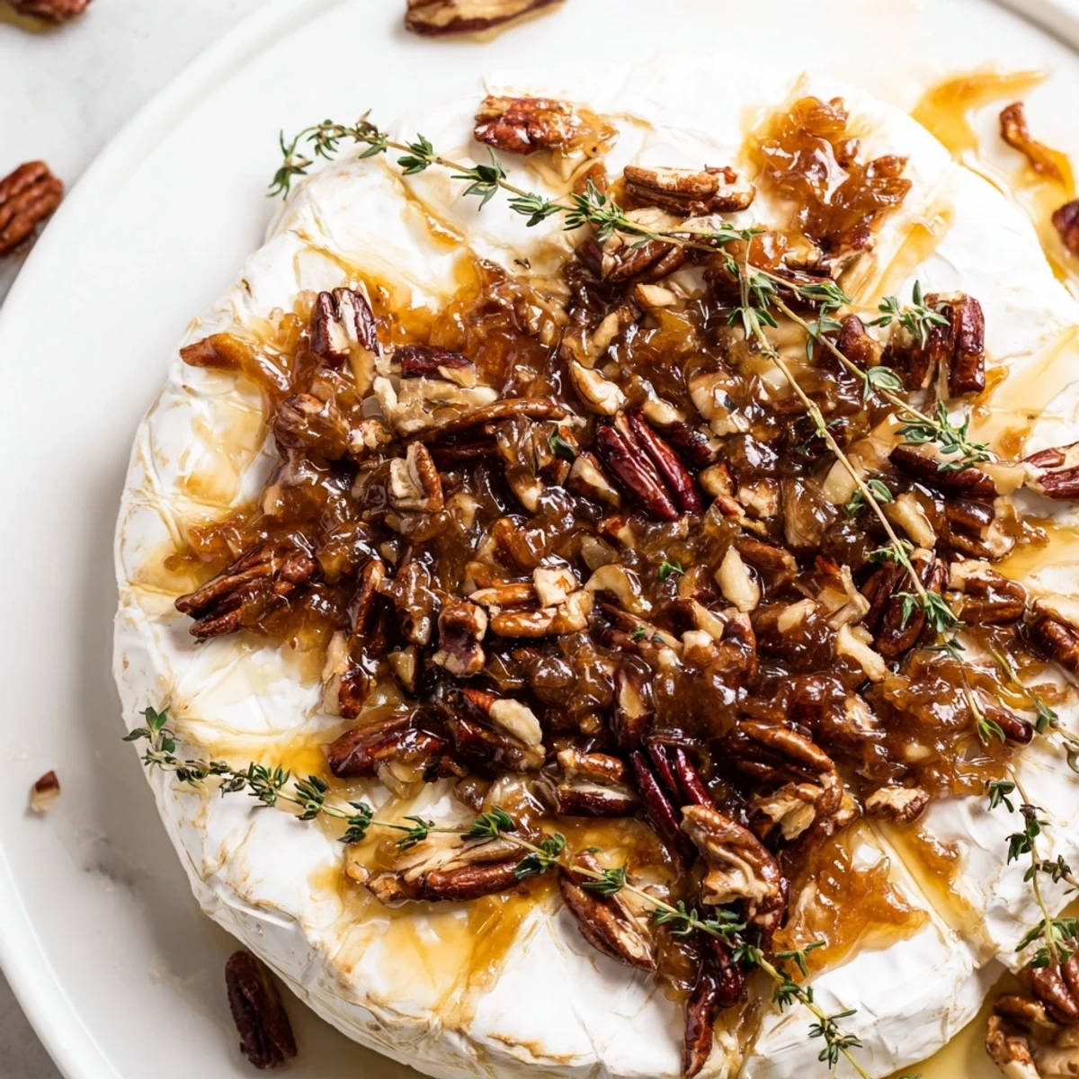 Golden Baked Brie with Apricot Preserves and Pecans bubbles from the oven, topped with sweet apricot preserves and crunchy toasted pecans.