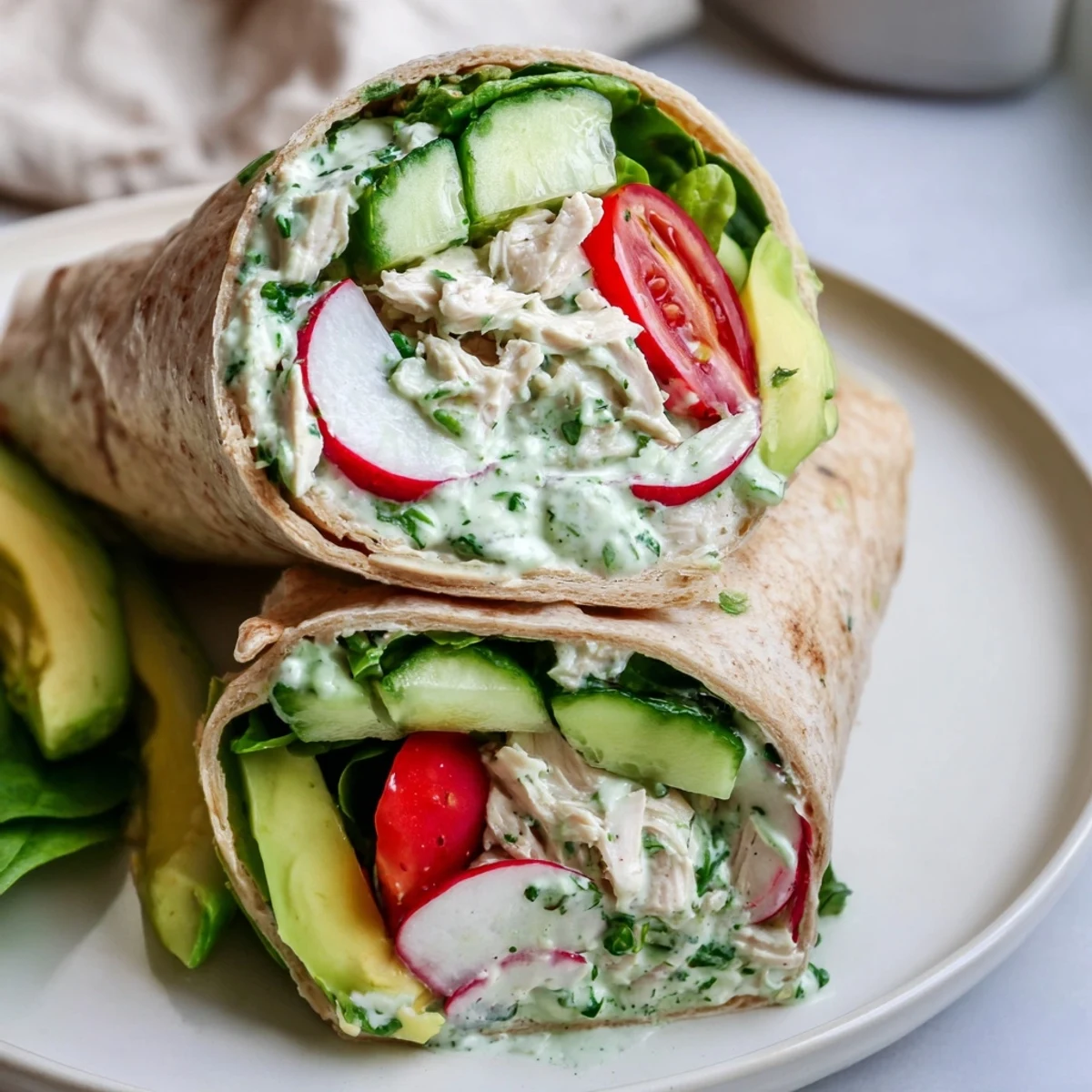 A close-up of Green Goddess Chicken Salad Wraps shows creamy herb dressing coating shredded chicken, with vibrant spinach, cucumber, and cherry tomatoes in a soft tortilla.