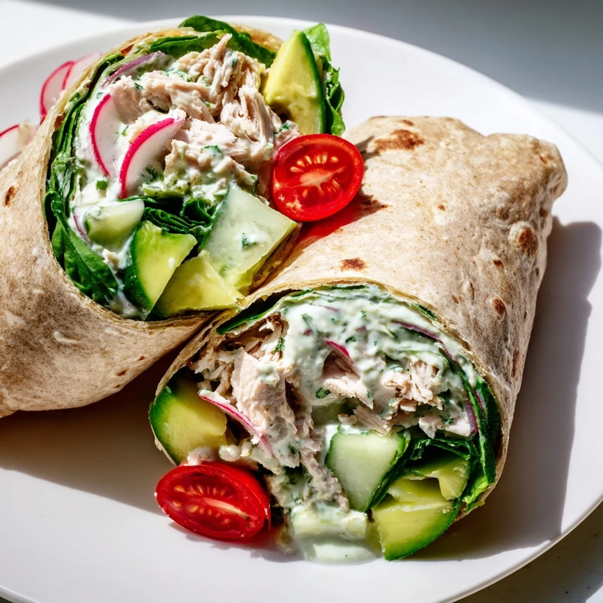 This image depicts two halved Green Goddess Chicken Salad Wraps on a plate, revealing layers of fresh vegetables and tender chicken salad, perfect for a light lunch.