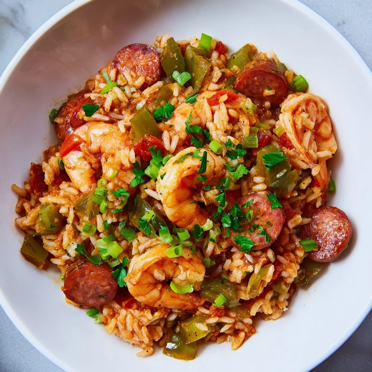 Freshly prepared Spicy Jambalaya with Shrimp and Turkey Sausage, garnished with green onions and parsley beside bright lemon wedges.