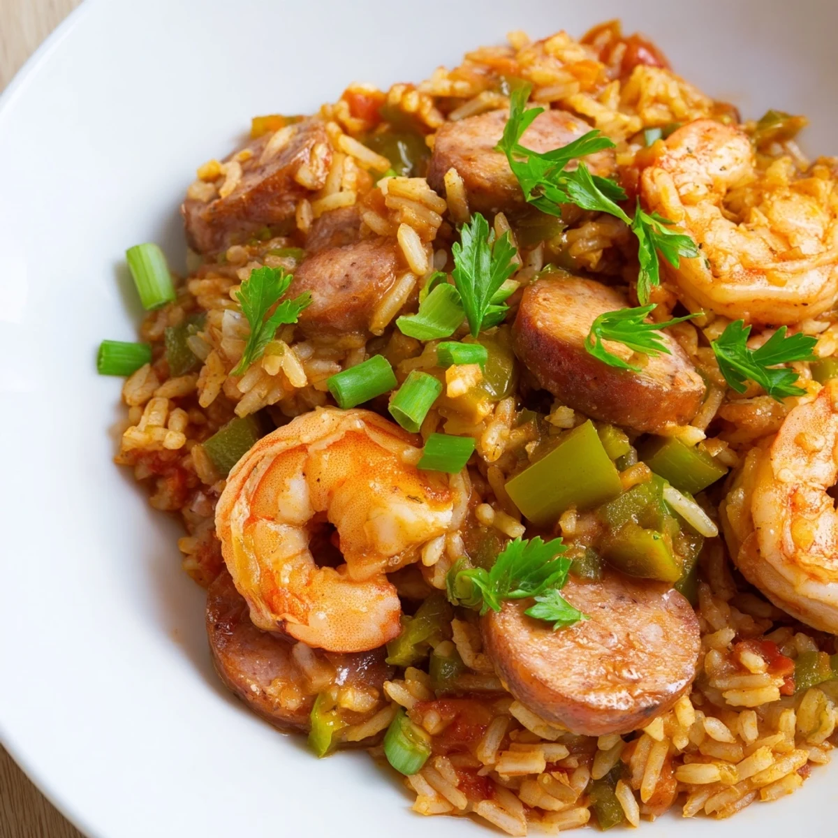 Steaming plate of Creole-style Spicy Jambalaya with Shrimp and Turkey Sausage, highlighting the rich colors of peppers and spices.