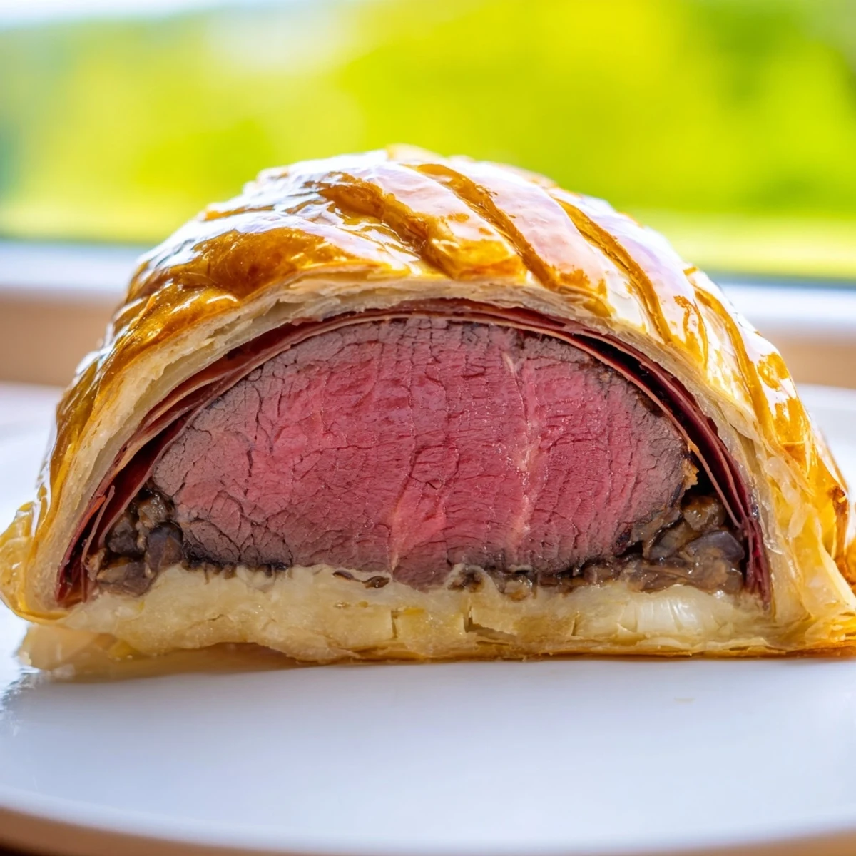 A golden, flaky Beef Wellington with Mushroom Duxelles rests sliced on a wooden board, revealing pink tender beef and savory filling.